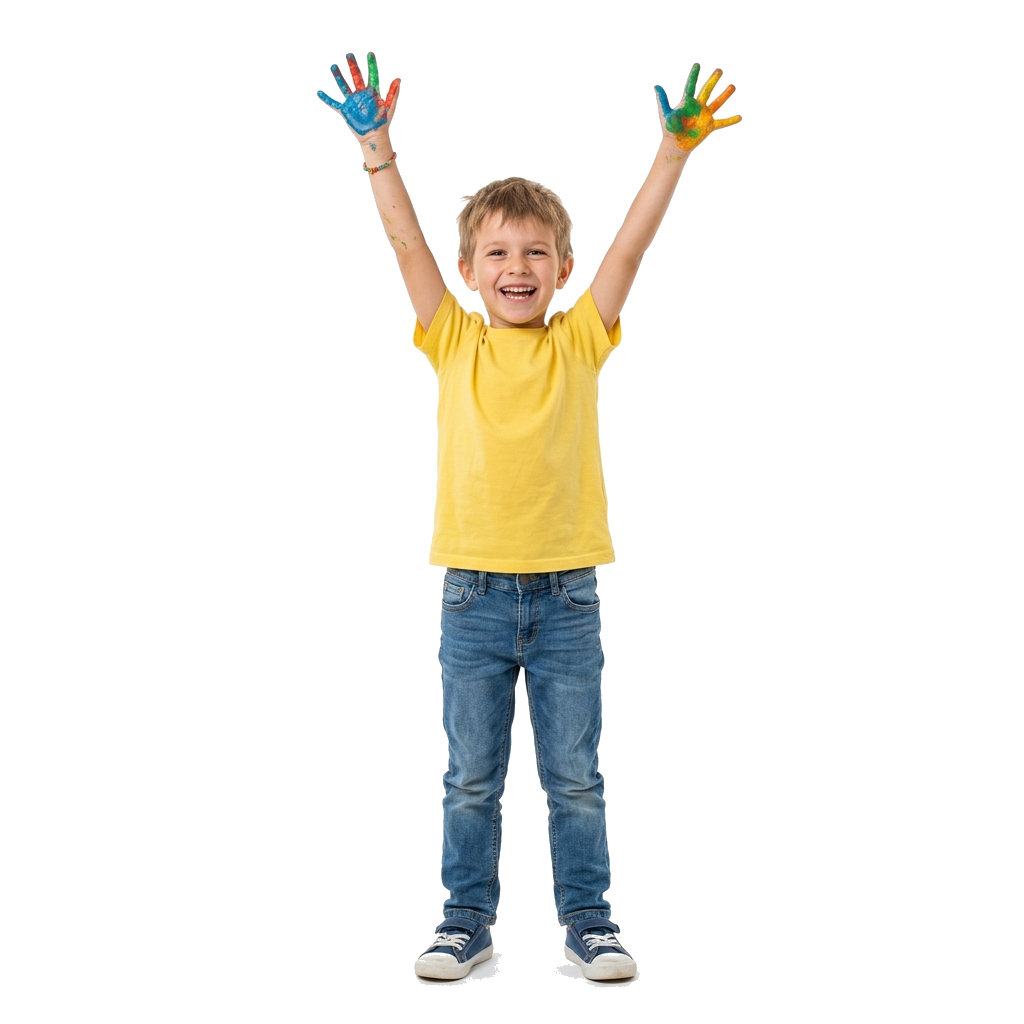 Criança sorrindo com mãos pintadas